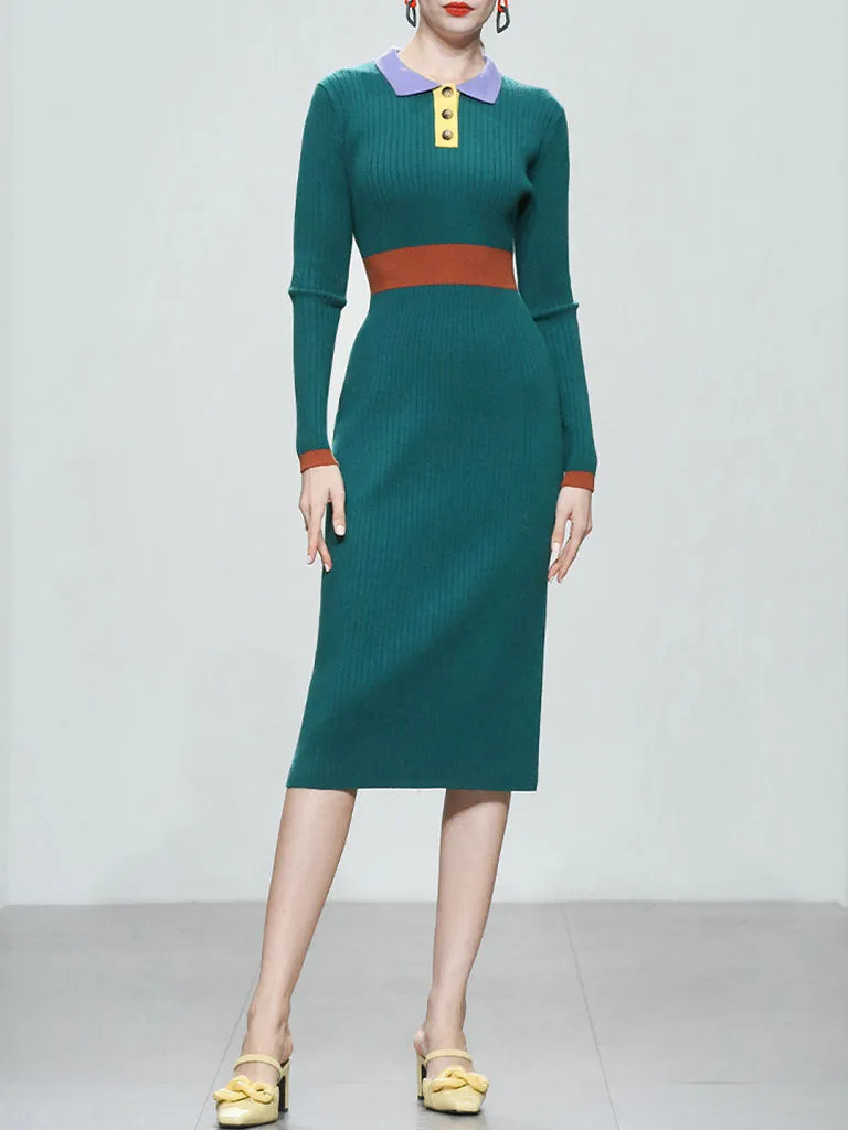 1940S Green High Waist Knitted Sweater Long Sleeve Vinatge Dress