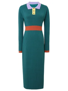 1940S Green High Waist Knitted Sweater Long Sleeve Vinatge Dress