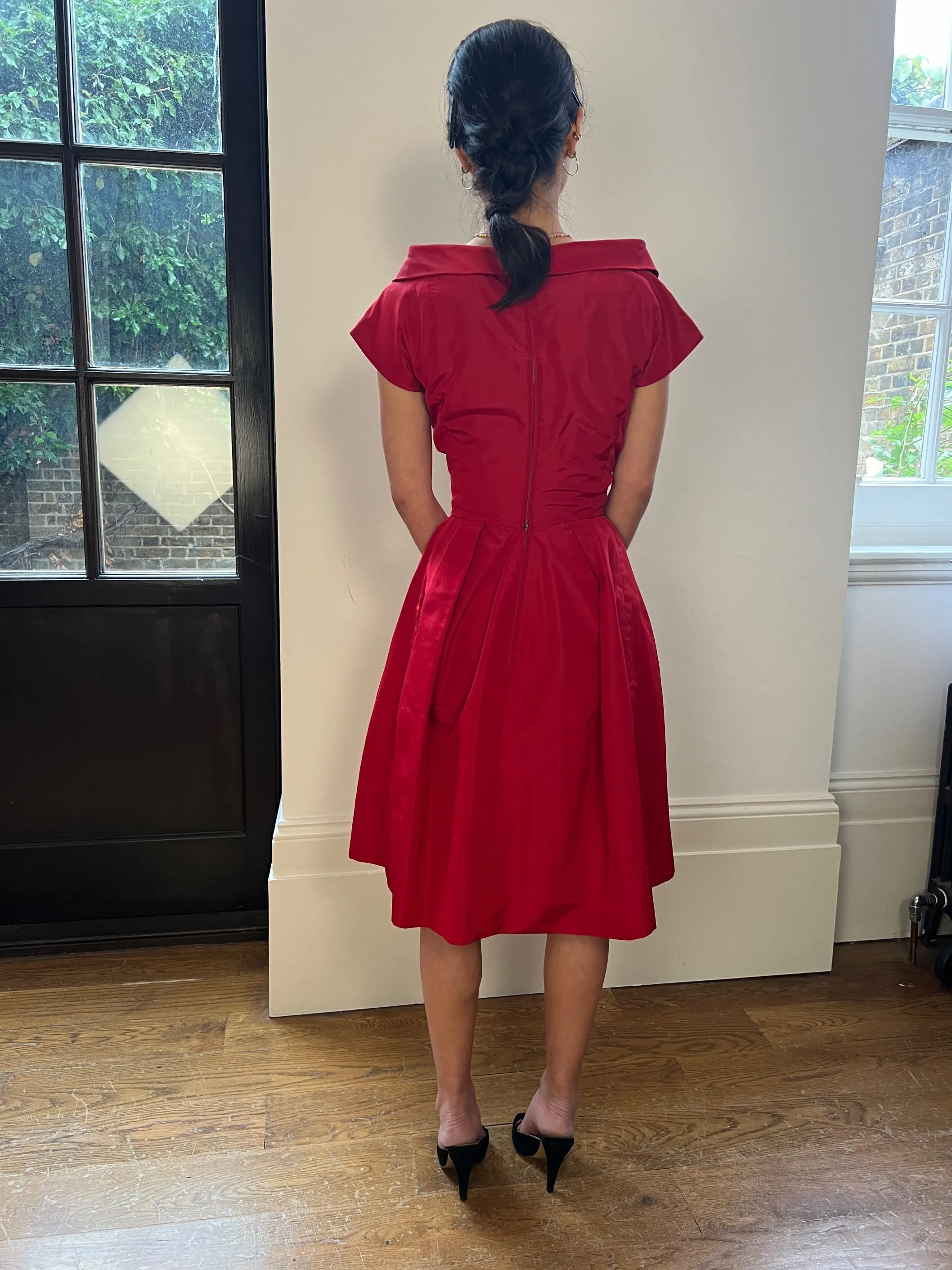 1950s Red Silk Off-The-Shoulder Dress