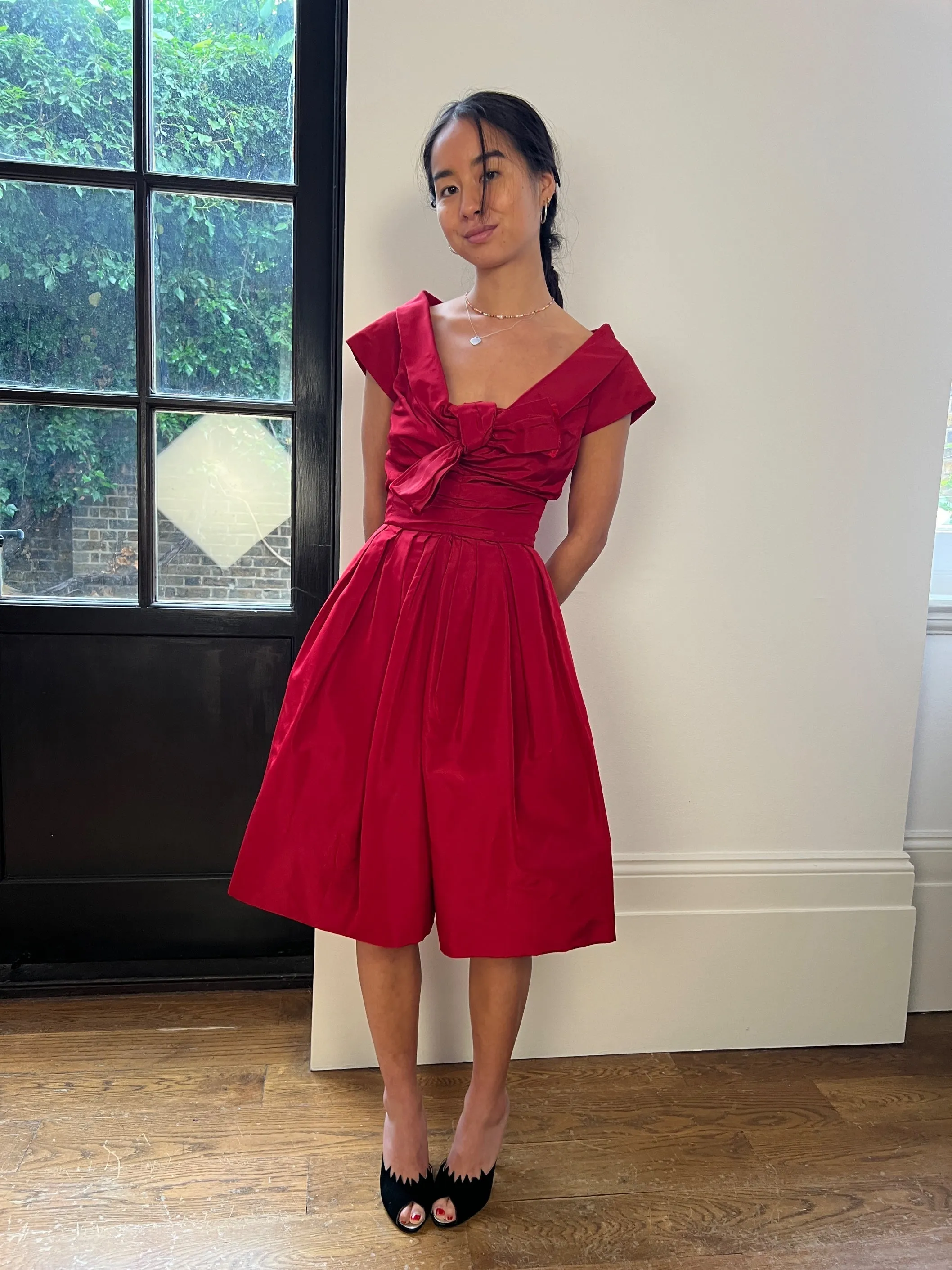 1950s Red Silk Off-The-Shoulder Dress