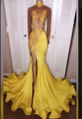 2024 Junoesque Yellow Split Mermaid/Trumpet Long Sleeve Satin Prom Dresses