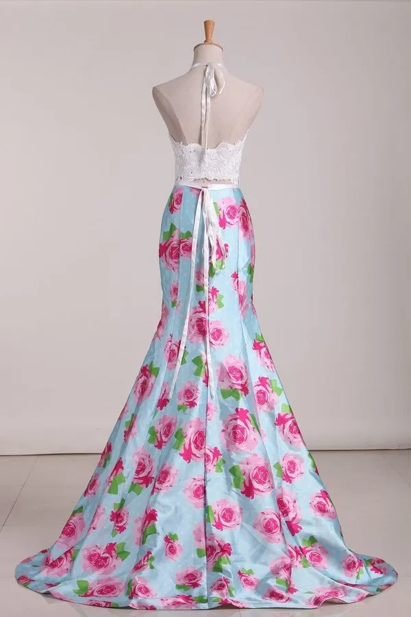 2024 Two Pieces Halter Mermaid Floral Prom Dresses PKXH9FMZ