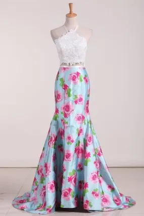 2024 Two Pieces Halter Mermaid Floral Prom Dresses PKXH9FMZ