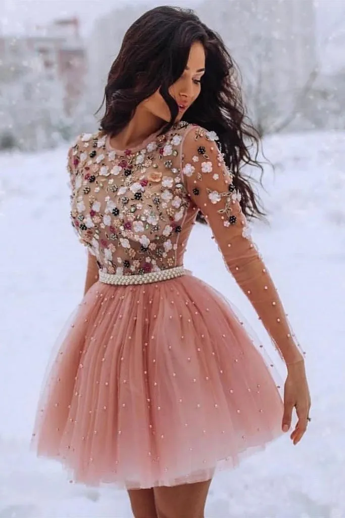 A Line Blush Pink Long Sleeve Homecoming Dresses 3D Flowers Beaded Short Prom Dresses