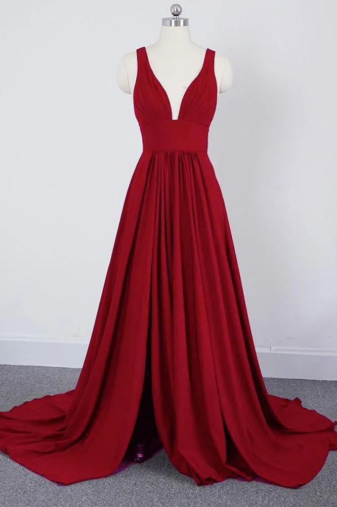 A Line Burgundy V Neck Ruffles Slit Bridesmaid Dresses Long Cheap Prom Dresses