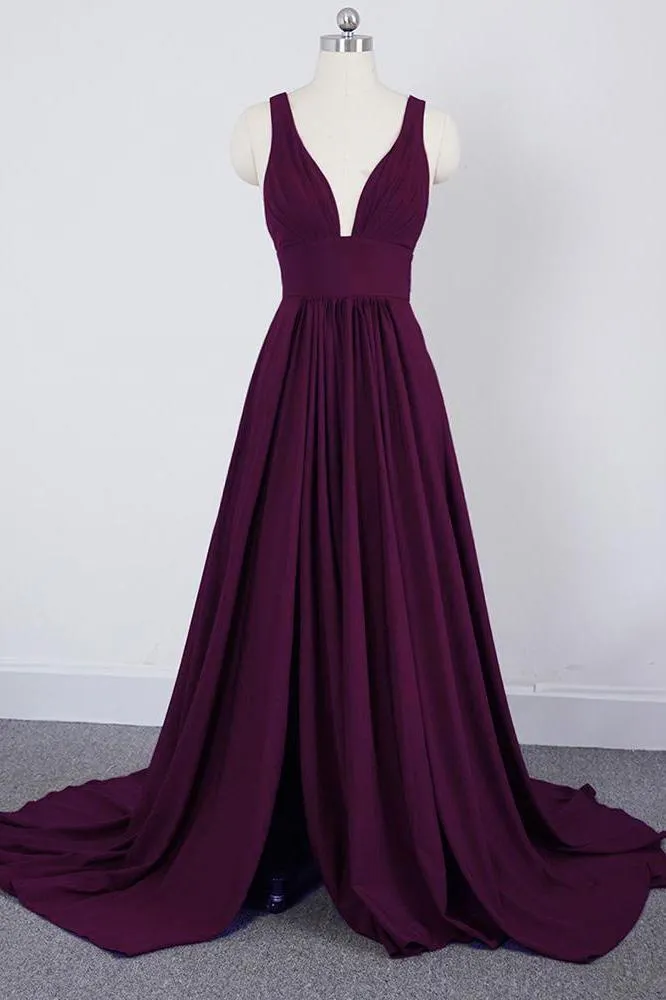 A Line Burgundy V Neck Ruffles Slit Bridesmaid Dresses Long Cheap Prom Dresses