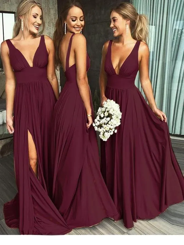 A Line Burgundy V Neck Ruffles Slit Bridesmaid Dresses Long Cheap Prom Dresses