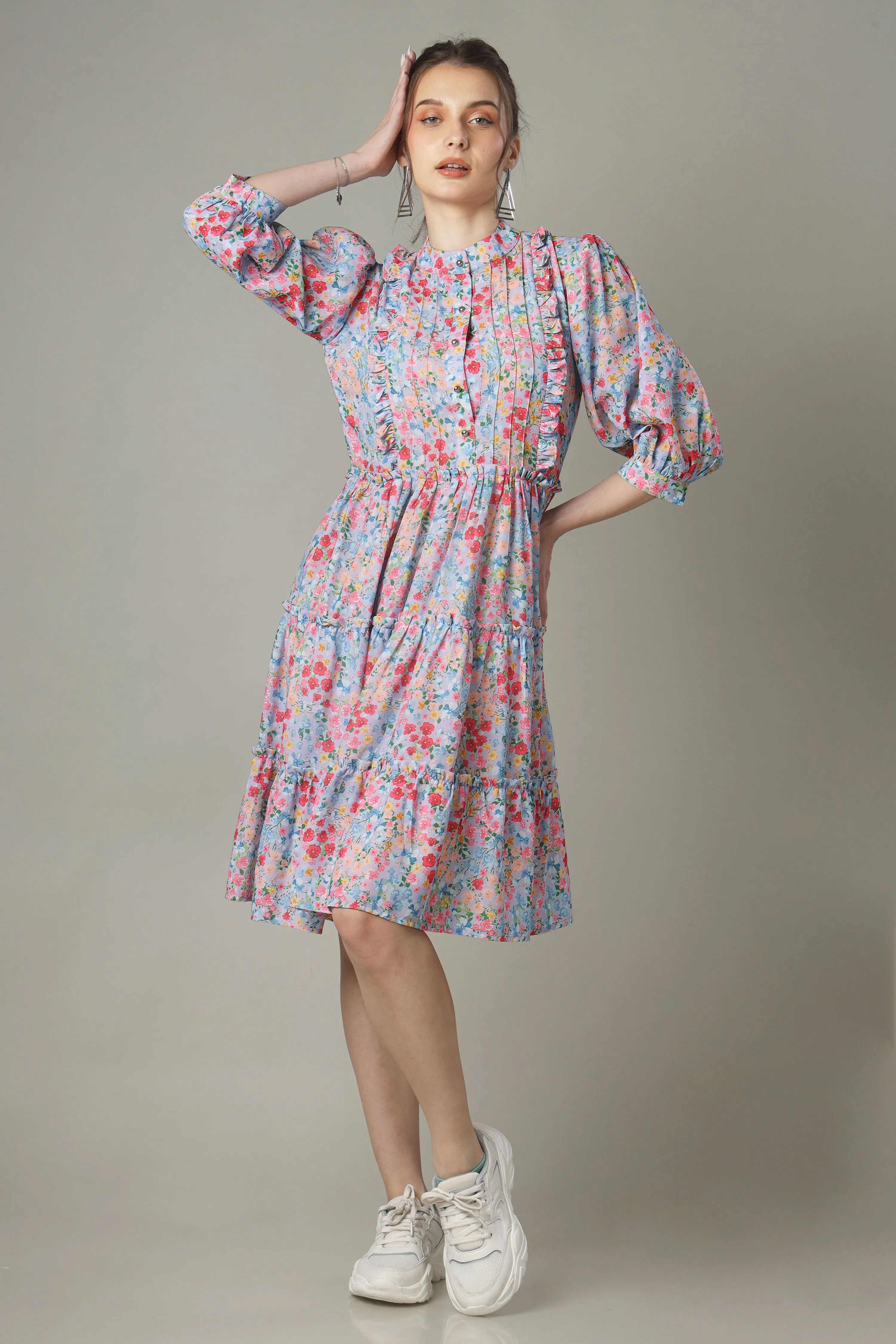 A-Line Floral Button Down Tiered Shirt Dress