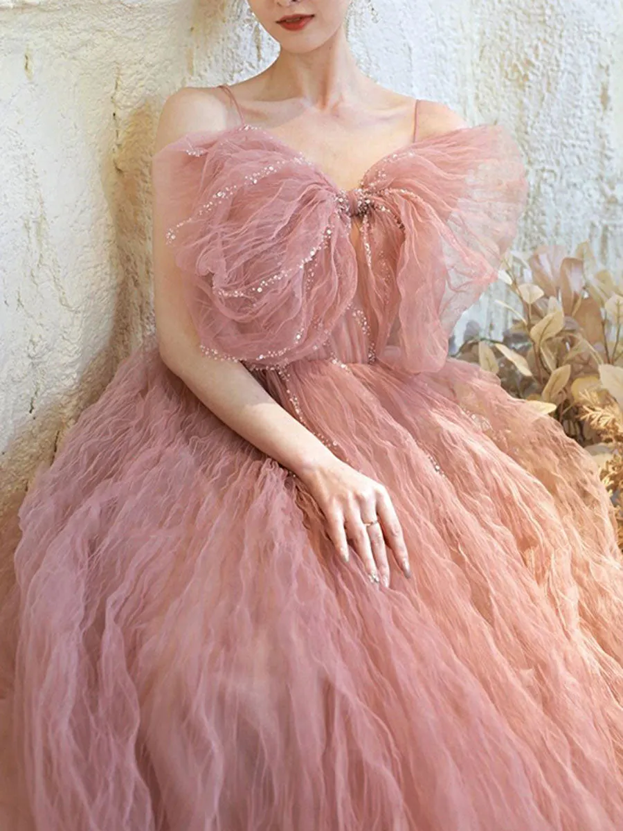 A line Pink Long Prom Dresses, Tulle Long Formal Graduation Dresses With Sequin Beading