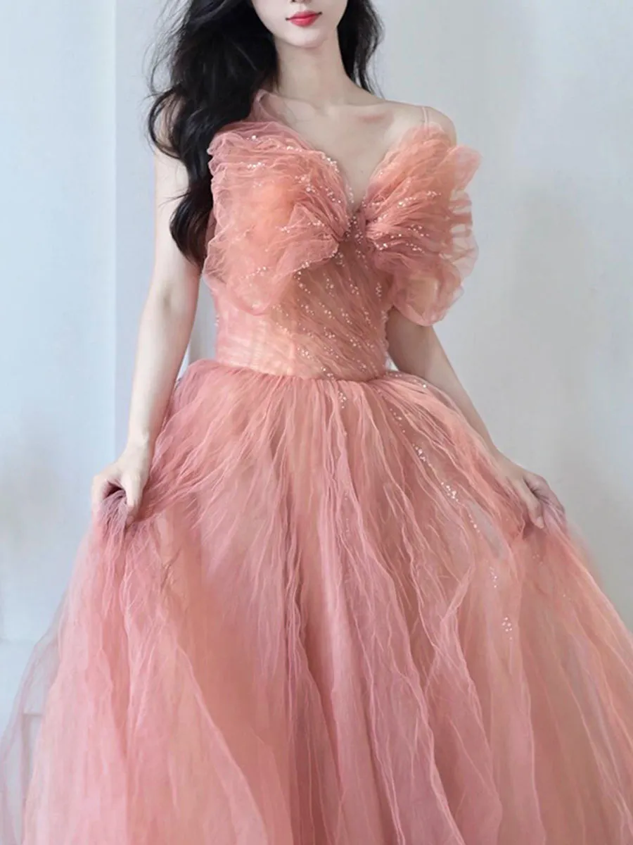 A line Pink Long Prom Dresses, Tulle Long Formal Graduation Dresses With Sequin Beading