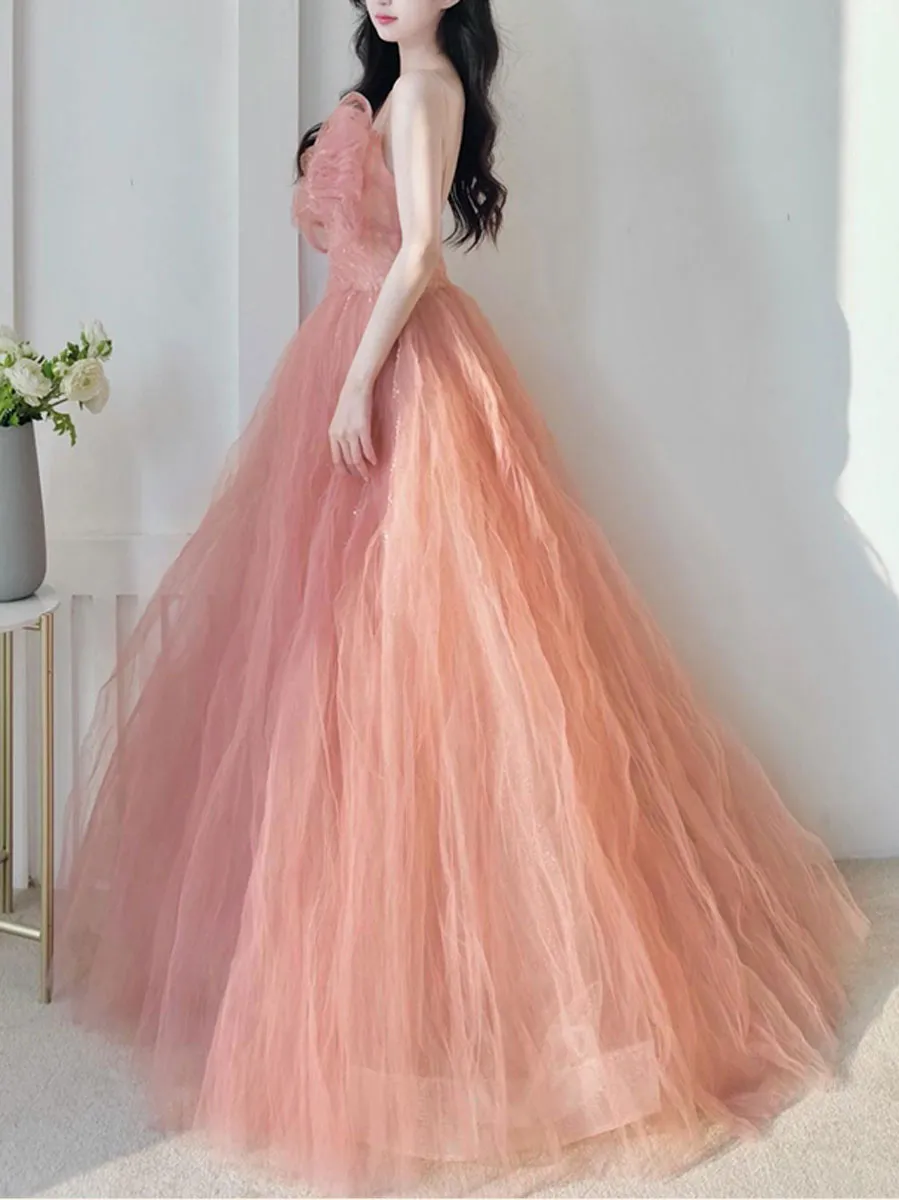 A line Pink Long Prom Dresses, Tulle Long Formal Graduation Dresses With Sequin Beading