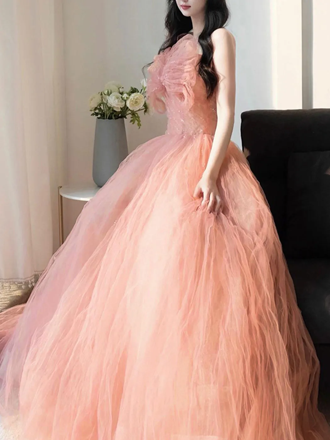 A line Pink Long Prom Dresses, Tulle Long Formal Graduation Dresses With Sequin Beading