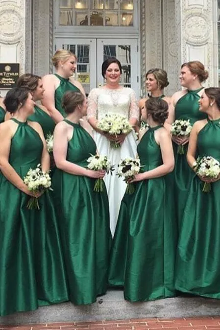 A-Line Round Neck Floor Length Hunter Green Satin Bridesmaid Dress Long Prom Dresses