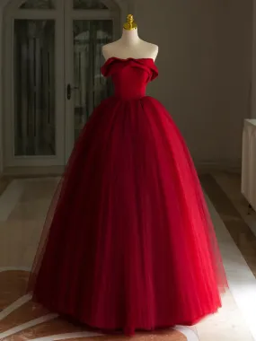 A-Line Tulle Burgundy Long Prom Dress, Burgundy Long Formal Dress