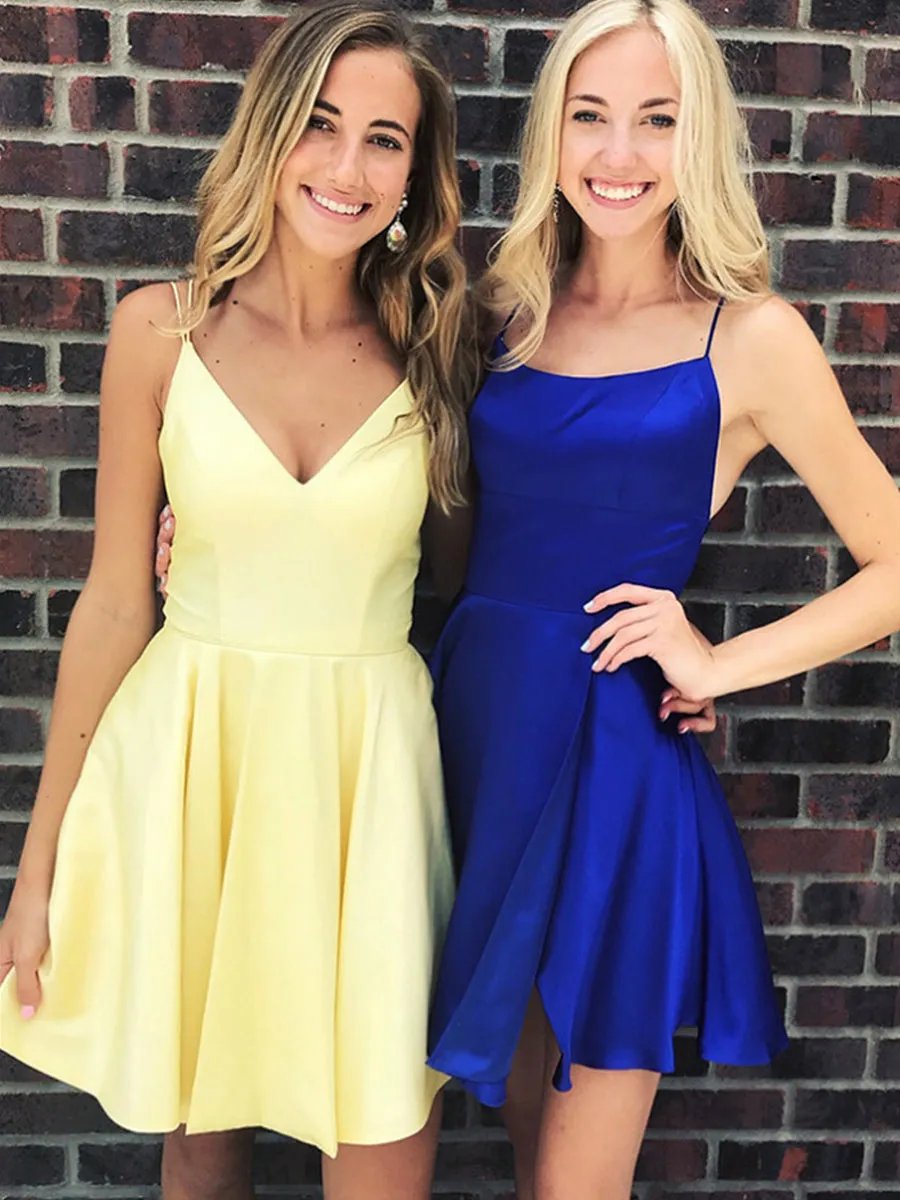 A Line V Neck Backless Yellow/Royal Blue Short Prom Dresses Homecoming Dresses, Backless Royal Blue/Yellow Formal Graduation Evening Dresses