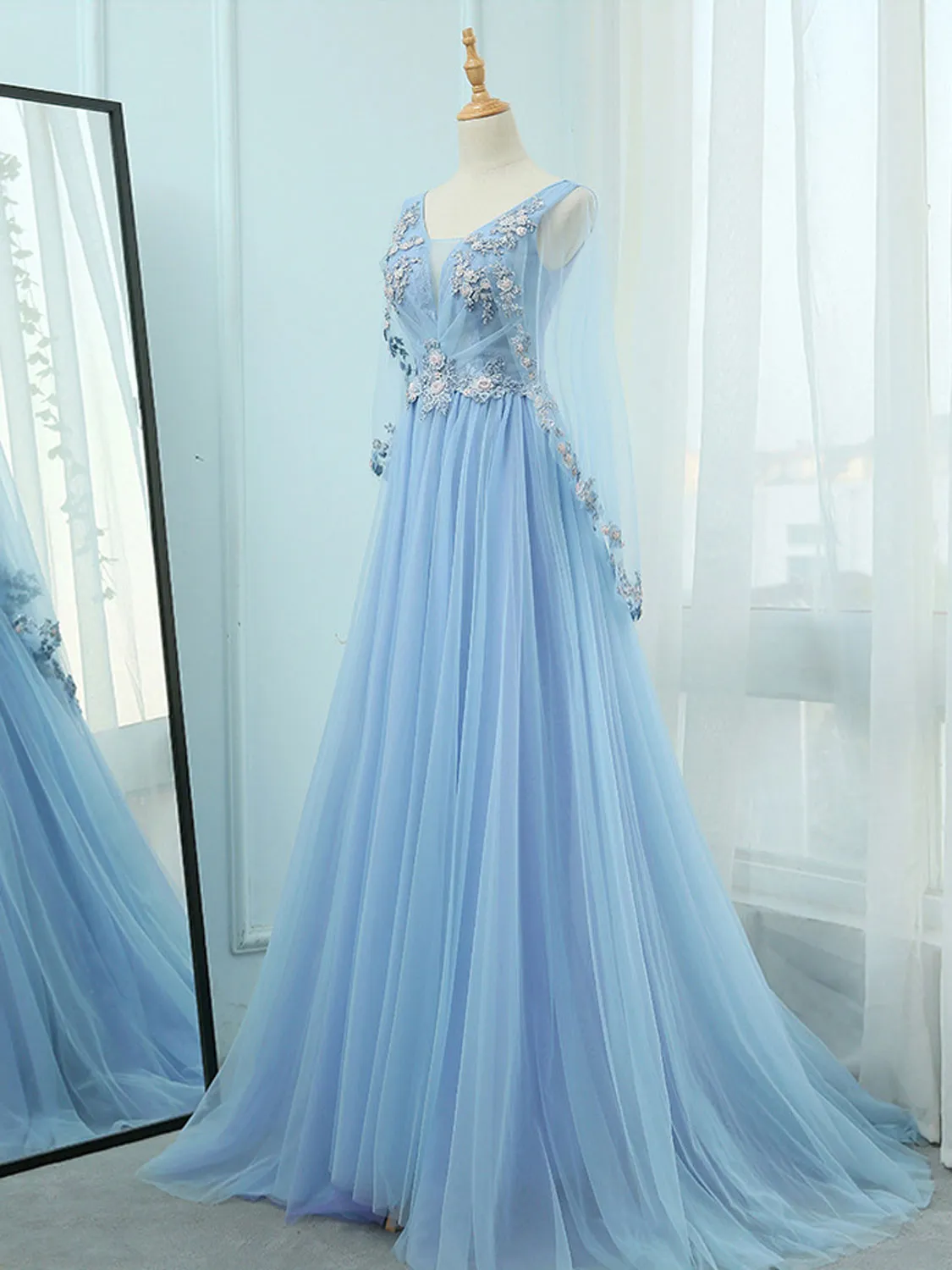 A-Line V Neck  Tulle Lace Blue Long Prom Dresses, Blue Formal Evening Dress