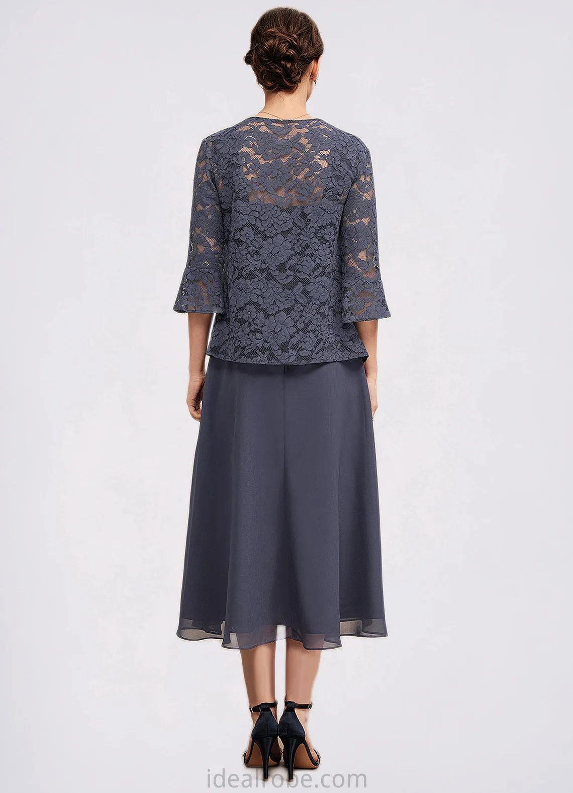 Abby A-Line Square Neckline Tea-Length Chiffon Lace Mother of the Bride Dress With Beading STK126P0014601