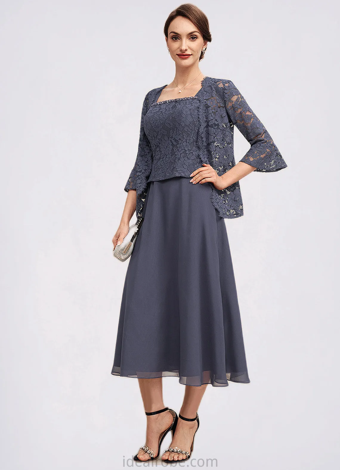 Abby A-Line Square Neckline Tea-Length Chiffon Lace Mother of the Bride Dress With Beading STK126P0014601