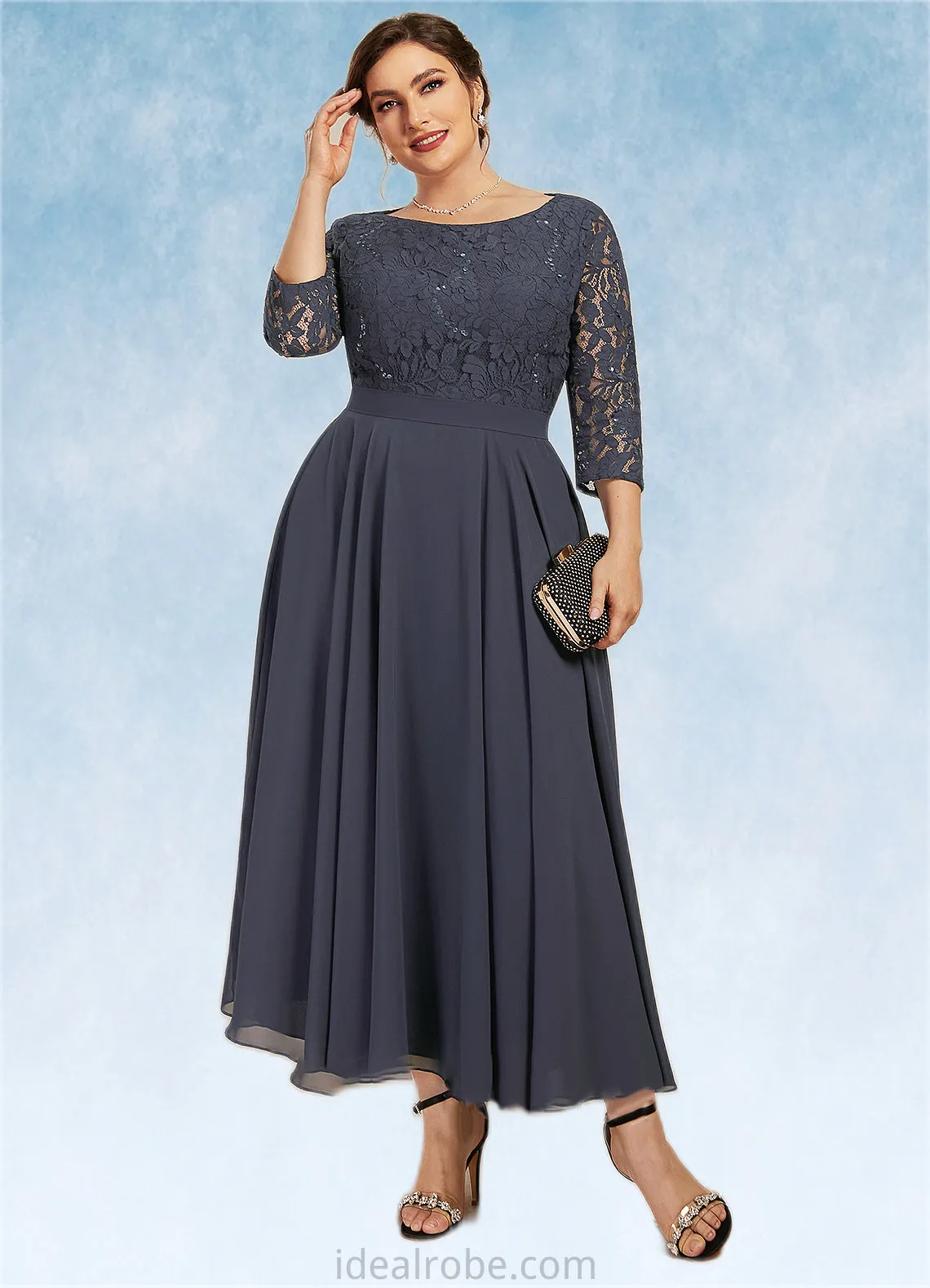 Alaina A-Line Scoop Neck Tea-Length Chiffon Lace Mother of the Bride Dress With Sequins STK126P0014621