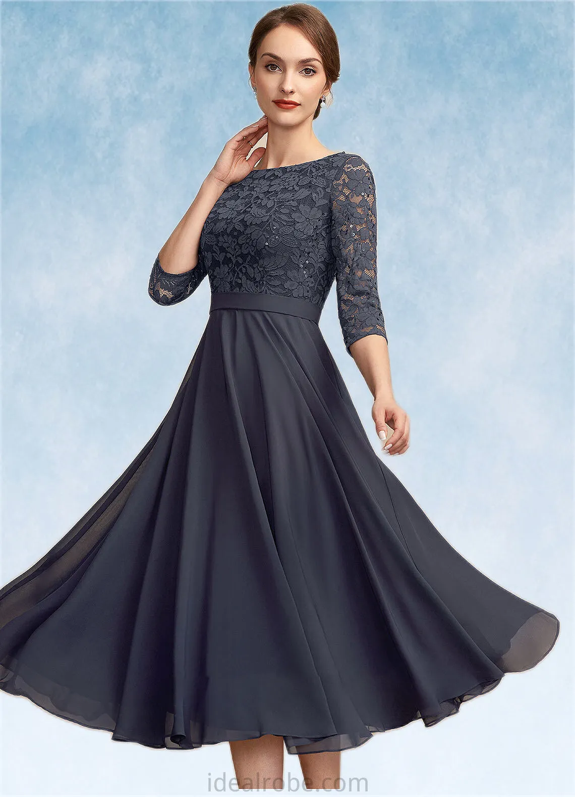 Alaina A-Line Scoop Neck Tea-Length Chiffon Lace Mother of the Bride Dress With Sequins STK126P0014621