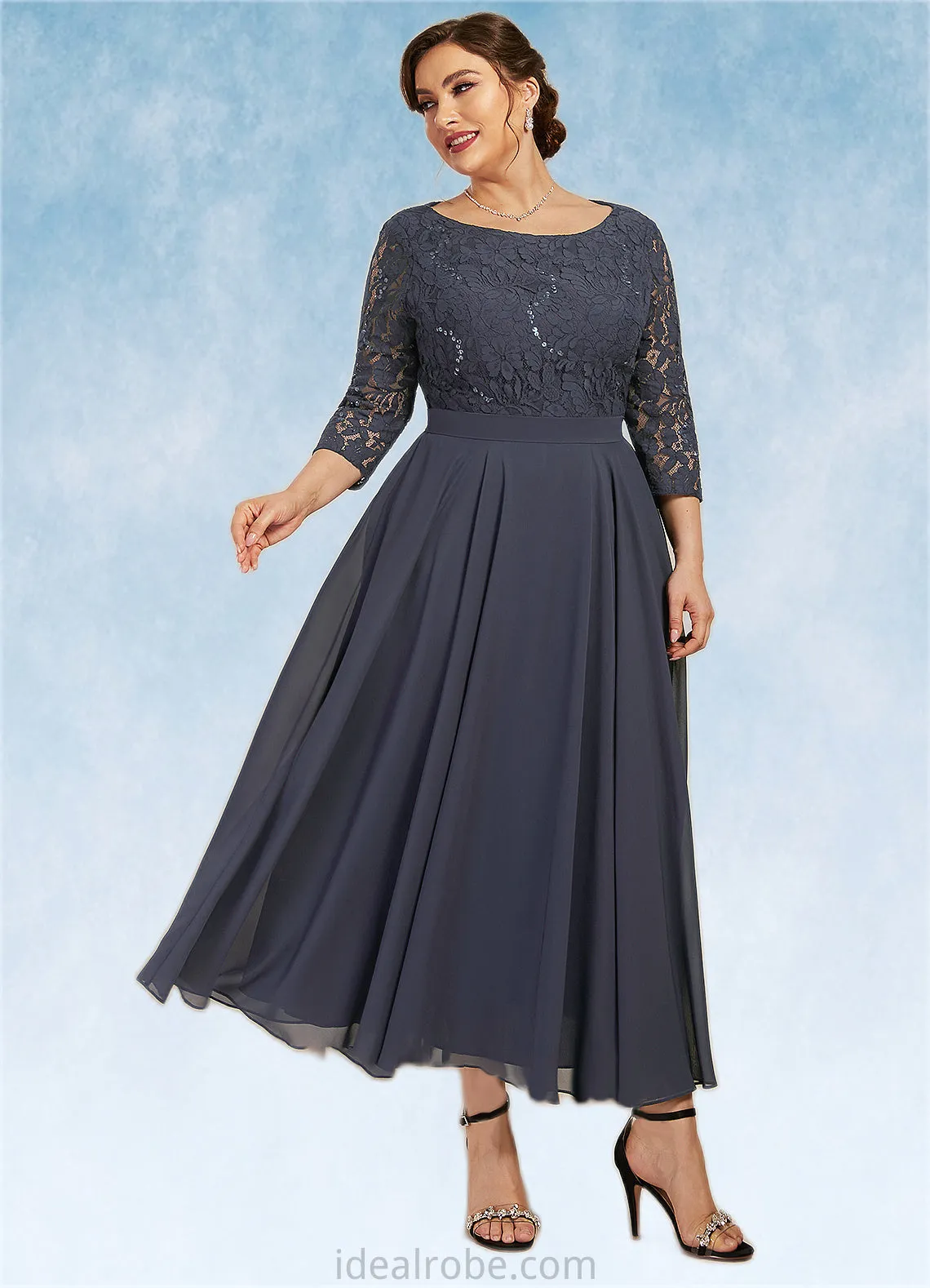 Alaina A-Line Scoop Neck Tea-Length Chiffon Lace Mother of the Bride Dress With Sequins STK126P0014621