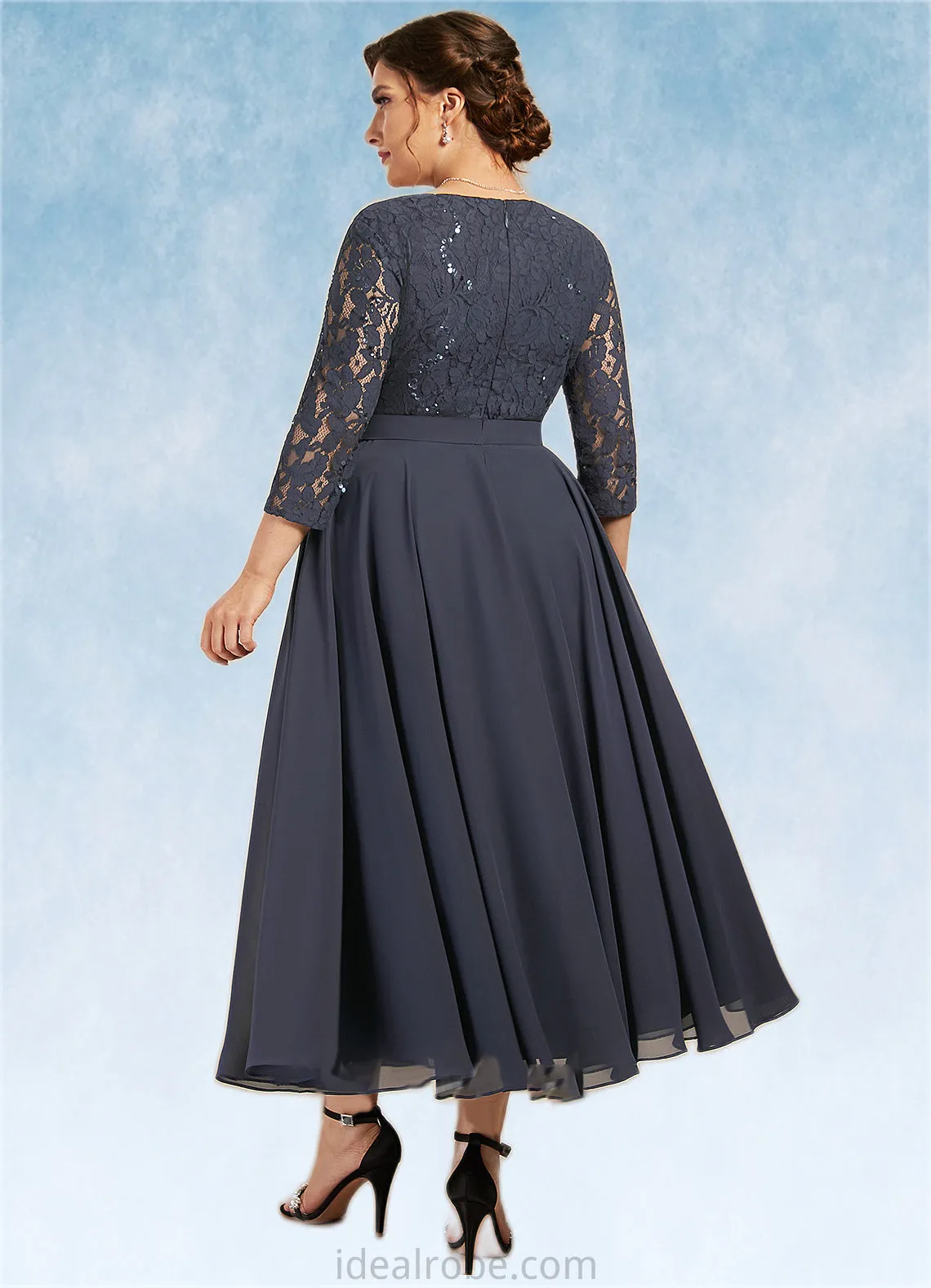 Alaina A-Line Scoop Neck Tea-Length Chiffon Lace Mother of the Bride Dress With Sequins STK126P0014621