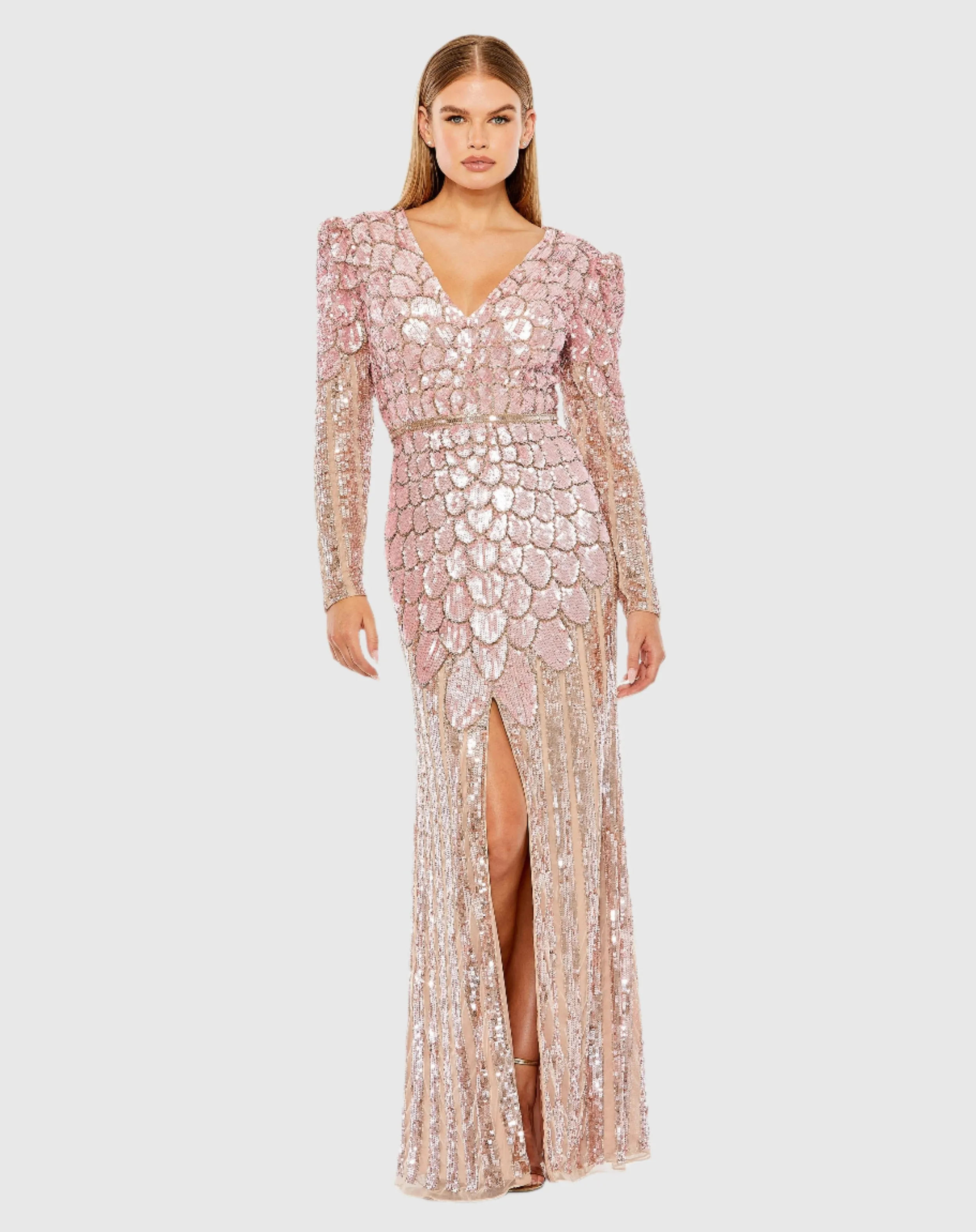 All Over Sequined Long Sleeve V Neck Gown