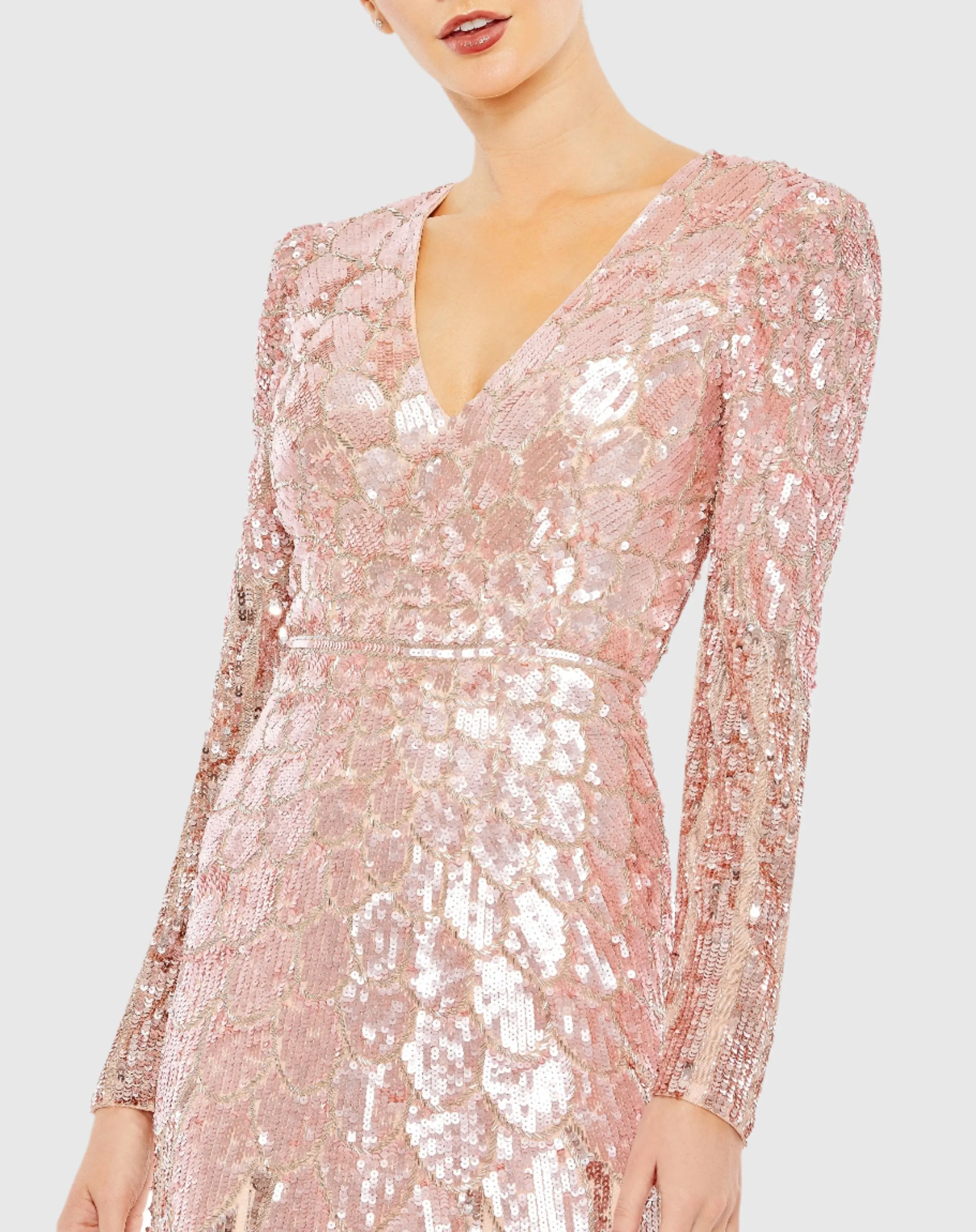 All Over Sequined Long Sleeve V Neck Gown