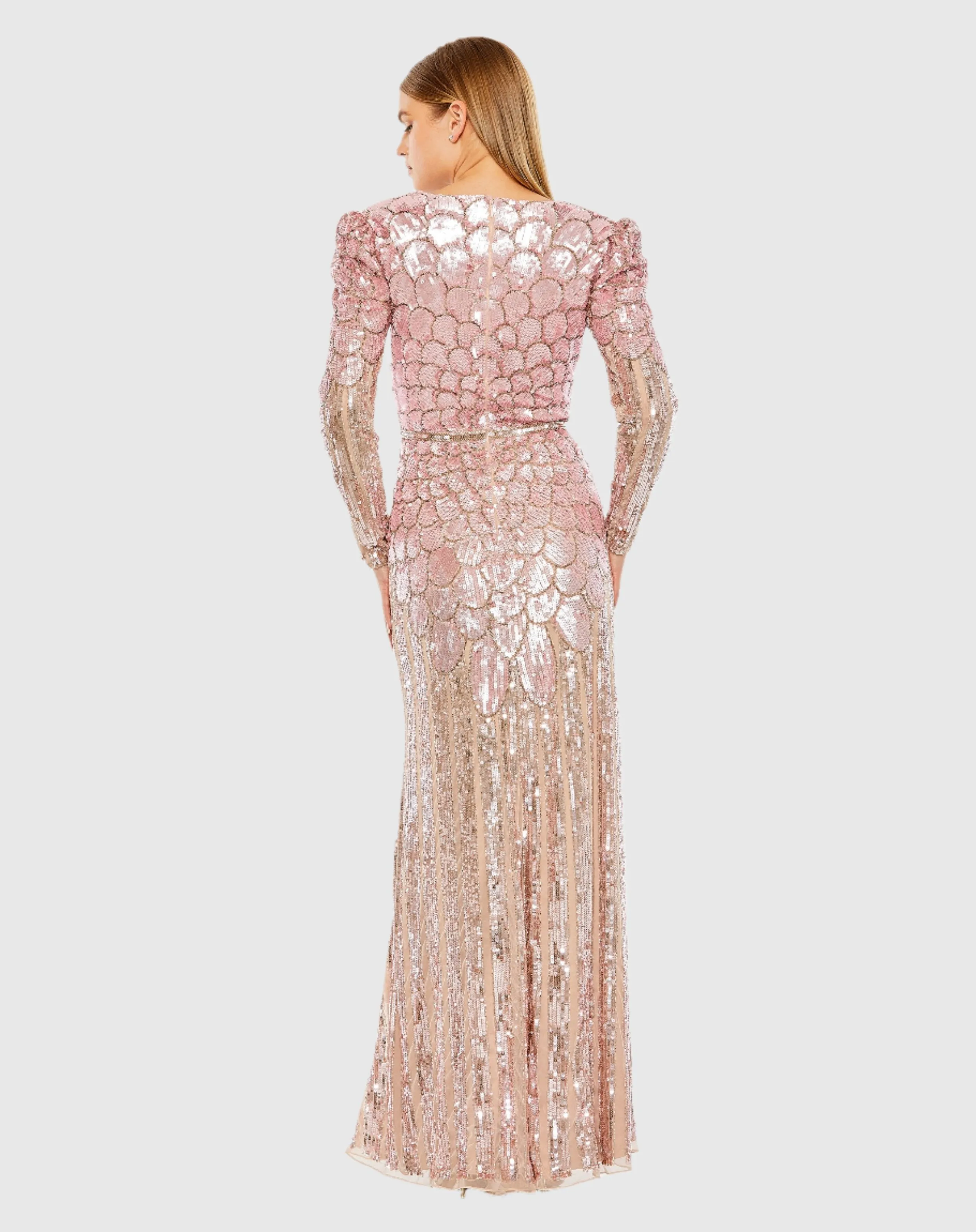 All Over Sequined Long Sleeve V Neck Gown