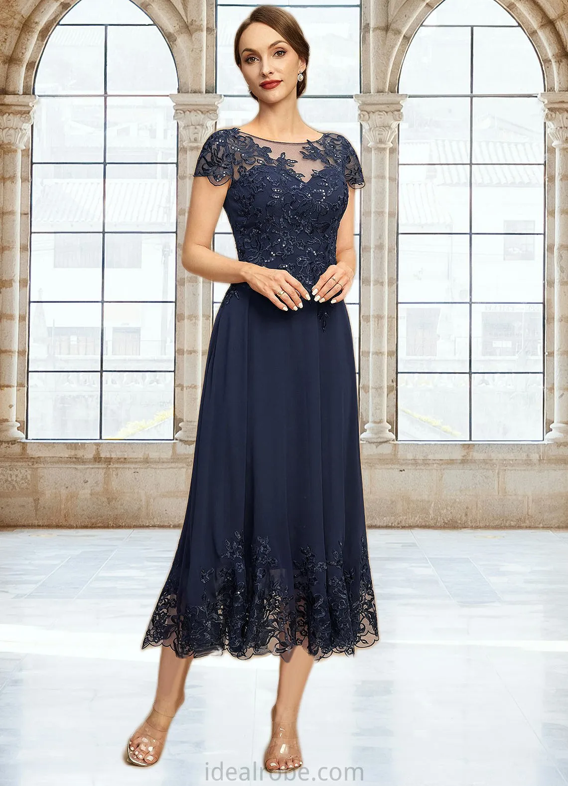 Allison A-line Scoop Illusion Tea-Length Chiffon Lace Mother of the Bride Dress With Sequins STKP0021664