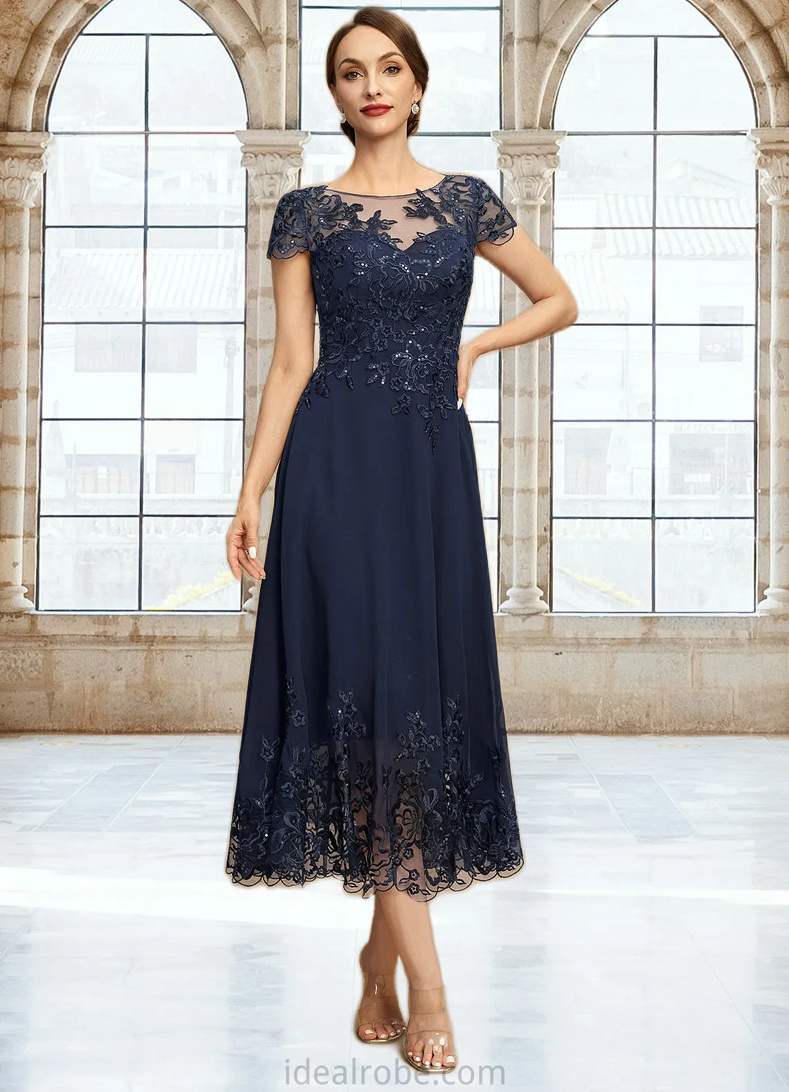 Allison A-line Scoop Illusion Tea-Length Chiffon Lace Mother of the Bride Dress With Sequins STKP0021664