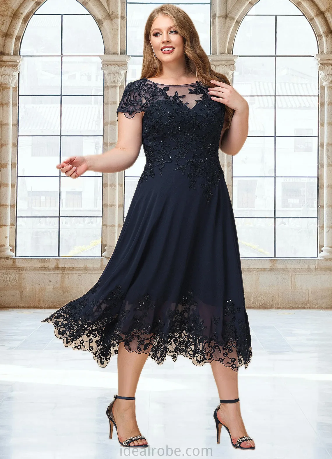 Allison A-line Scoop Illusion Tea-Length Chiffon Lace Mother of the Bride Dress With Sequins STKP0021664