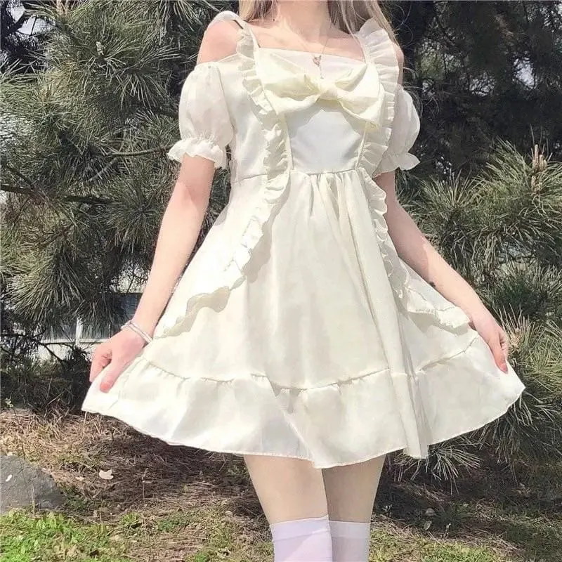 Almond Lilly Kawaii Princess Lolita Off-Shoulder Spring Bow Mini Dress