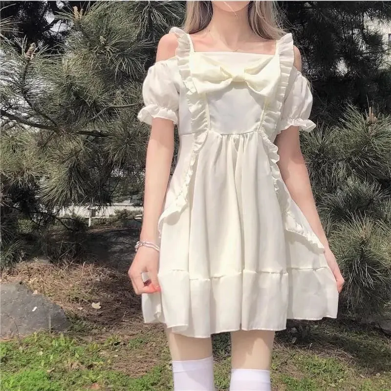 Almond Lilly Kawaii Princess Lolita Off-Shoulder Spring Bow Mini Dress