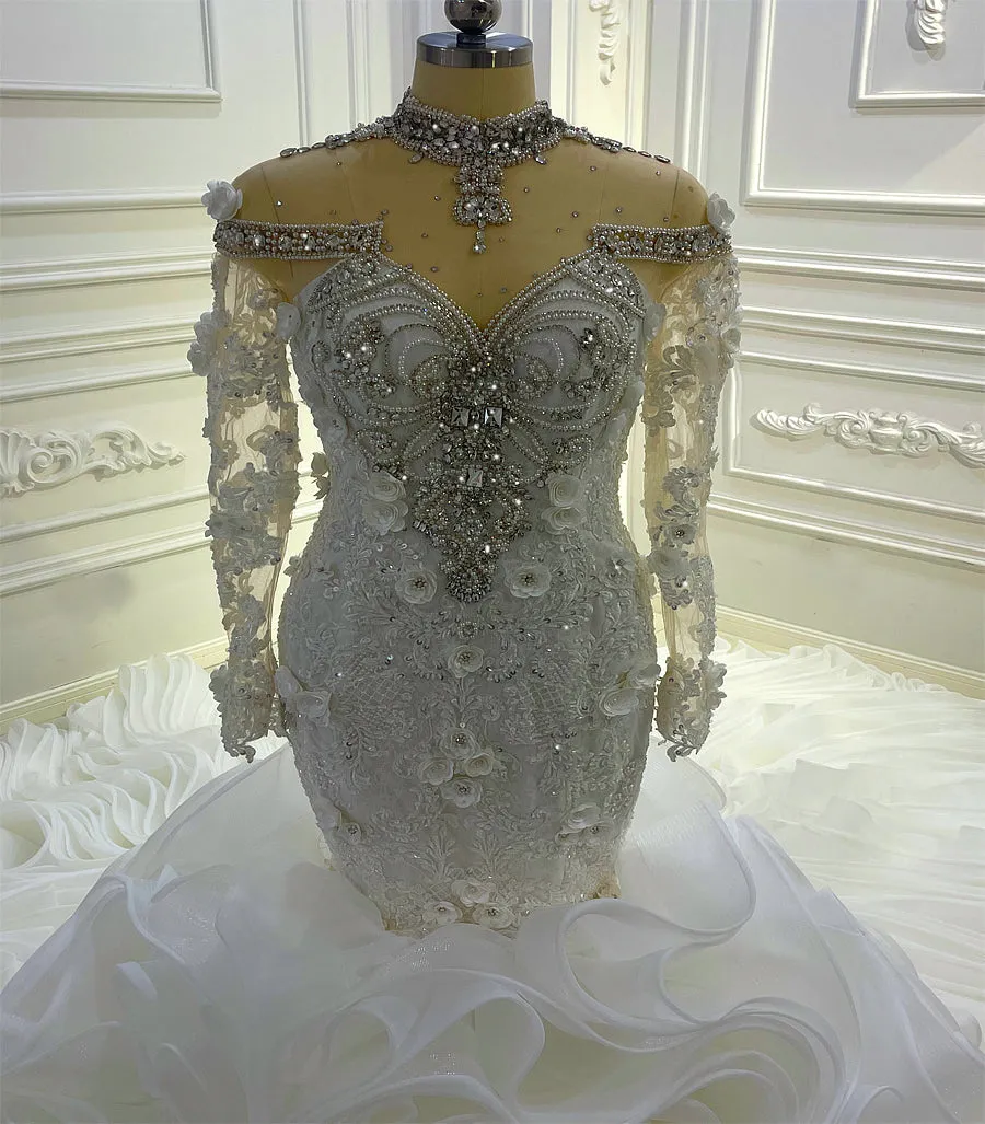 AM1178 High Neck 3D Flowers Swarovski crystal beaded luxury Wedding Dress