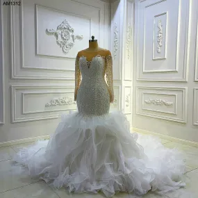 AM1312 Luxury V-neck Long Sleeve Ruffles Mermaid Wedding Dress