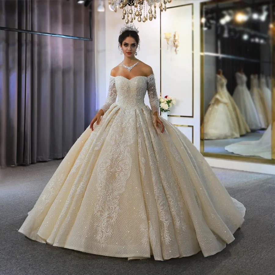 AM365 Off Shoulder Full Sleeves Lace Applique Shiny Wedding Dress Champagne