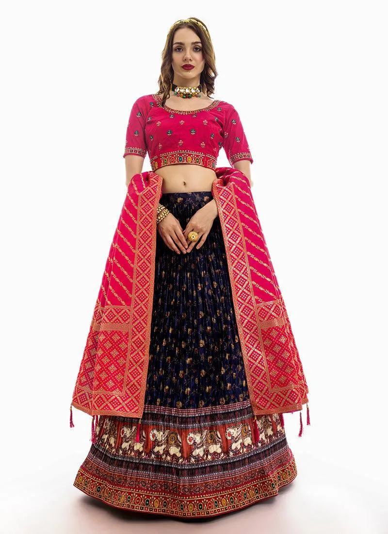 Amazing Navy Blue Color Satin Fabric Printed Lehenga Choli