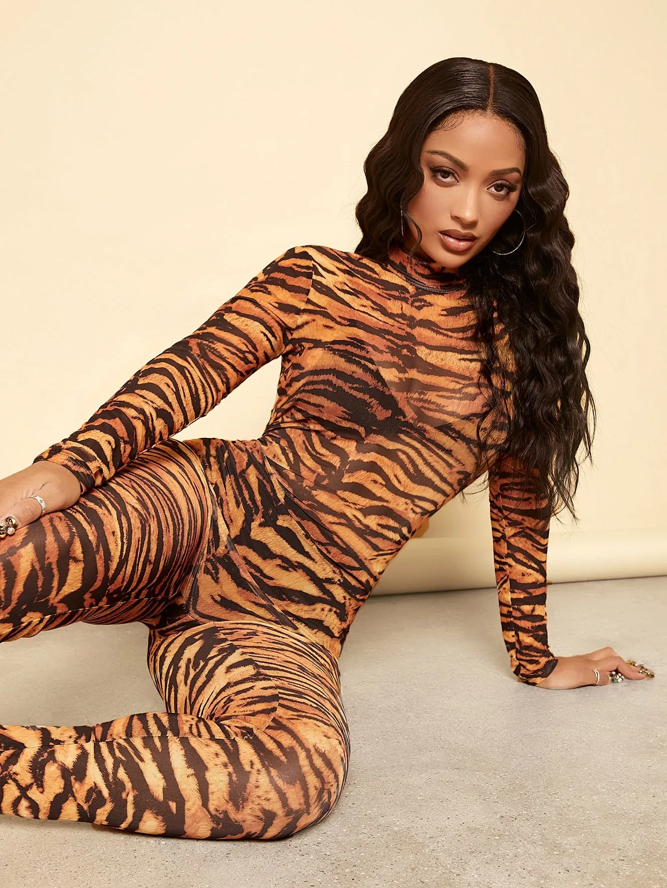 Animal Print Mock Neck Mesh Jumpsuit