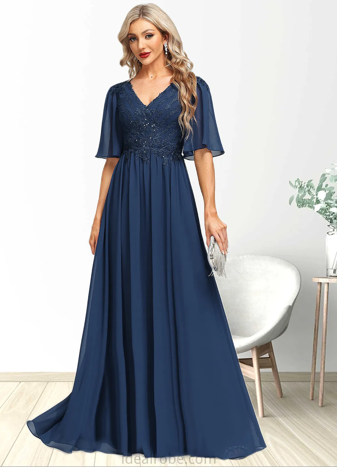 Anya A-line V-Neck Floor-Length Chiffon Lace Mother of the Bride Dress With Sequins STKP0021888