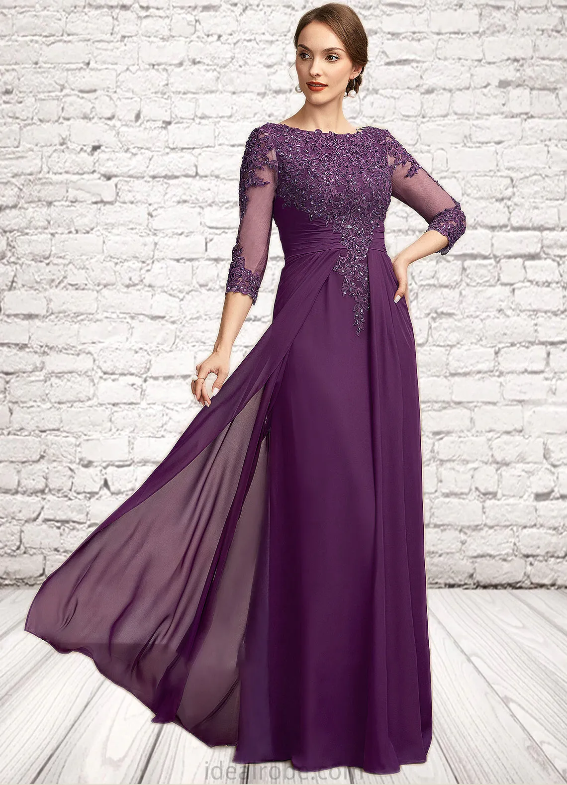 Arielle A-Line Scoop Neck Floor-Length Chiffon Lace Mother of the Bride Dress With Beading Sequins STK126P0014738