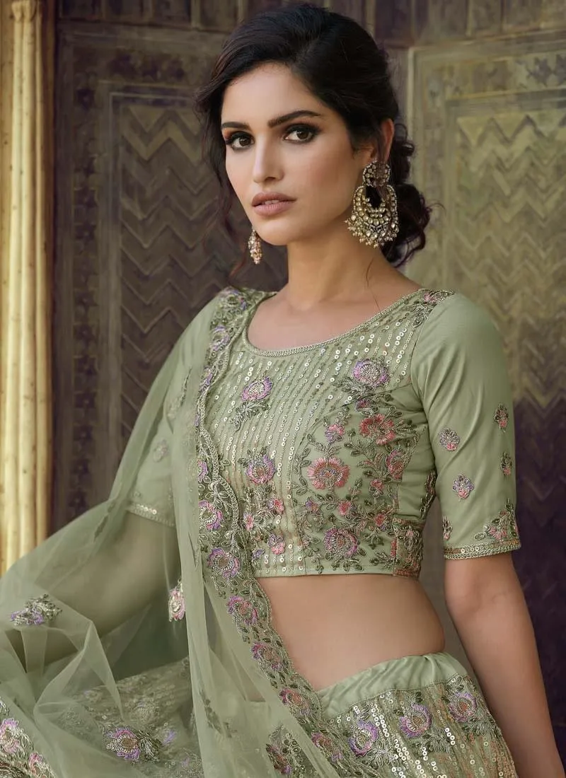 Astonishing Soft Net Fabric Green Color Sequins And Dori Work Lehenga Choli