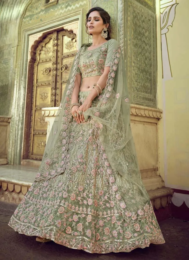 Astonishing Soft Net Fabric Green Color Sequins And Dori Work Lehenga Choli