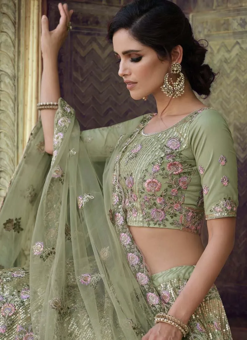 Astonishing Soft Net Fabric Green Color Sequins And Dori Work Lehenga Choli