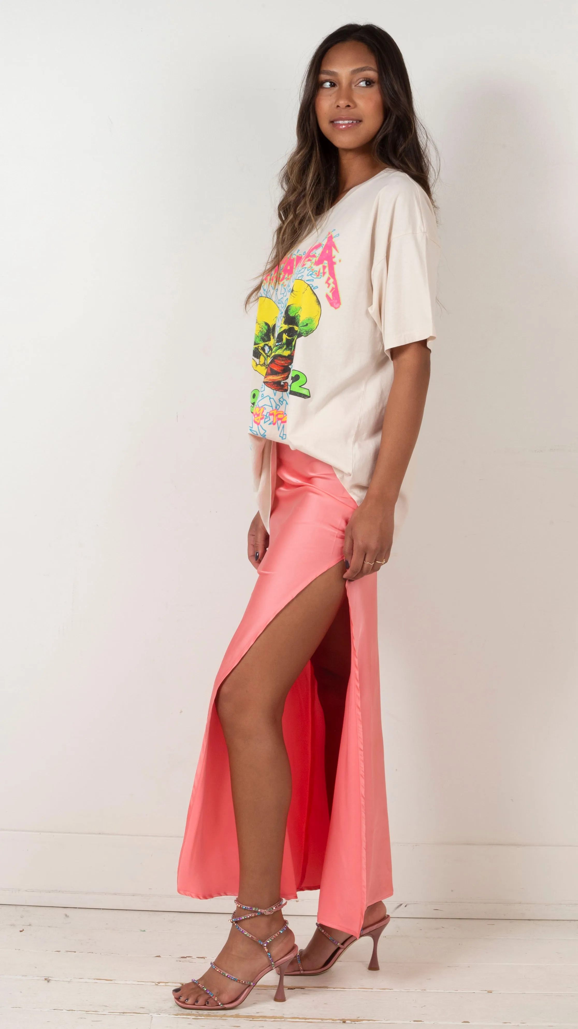 Audrey Side Slit Satin Maxi Skirt - Flamingo