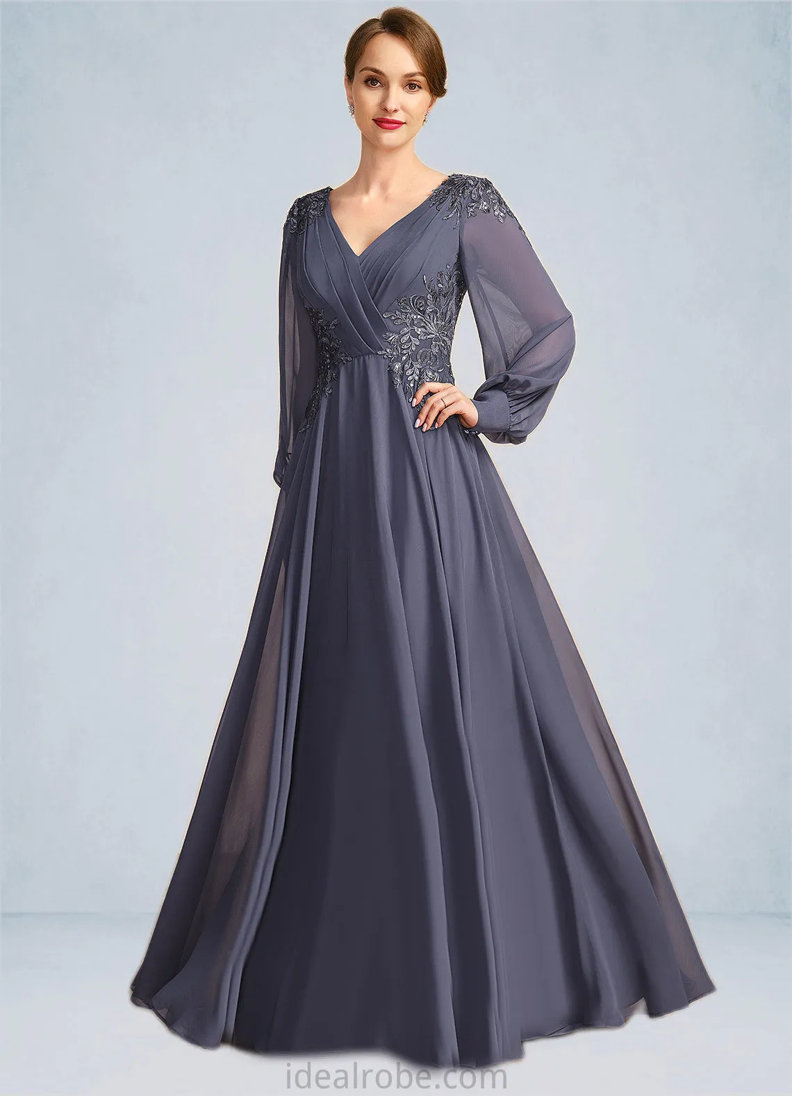 Aurora A-line V-Neck Floor-Length Chiffon Mother of the Bride Dress With Pleated Appliques Lace Sequins STKP0021652