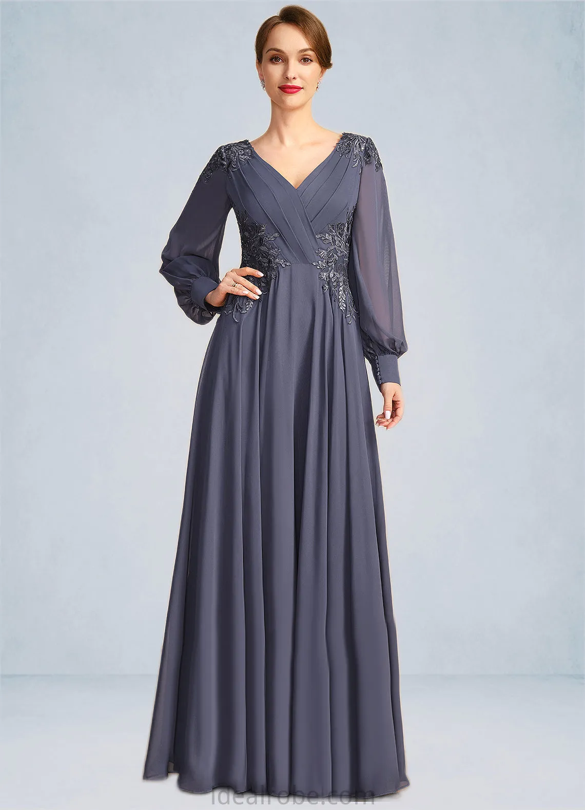 Aurora A-line V-Neck Floor-Length Chiffon Mother of the Bride Dress With Pleated Appliques Lace Sequins STKP0021652