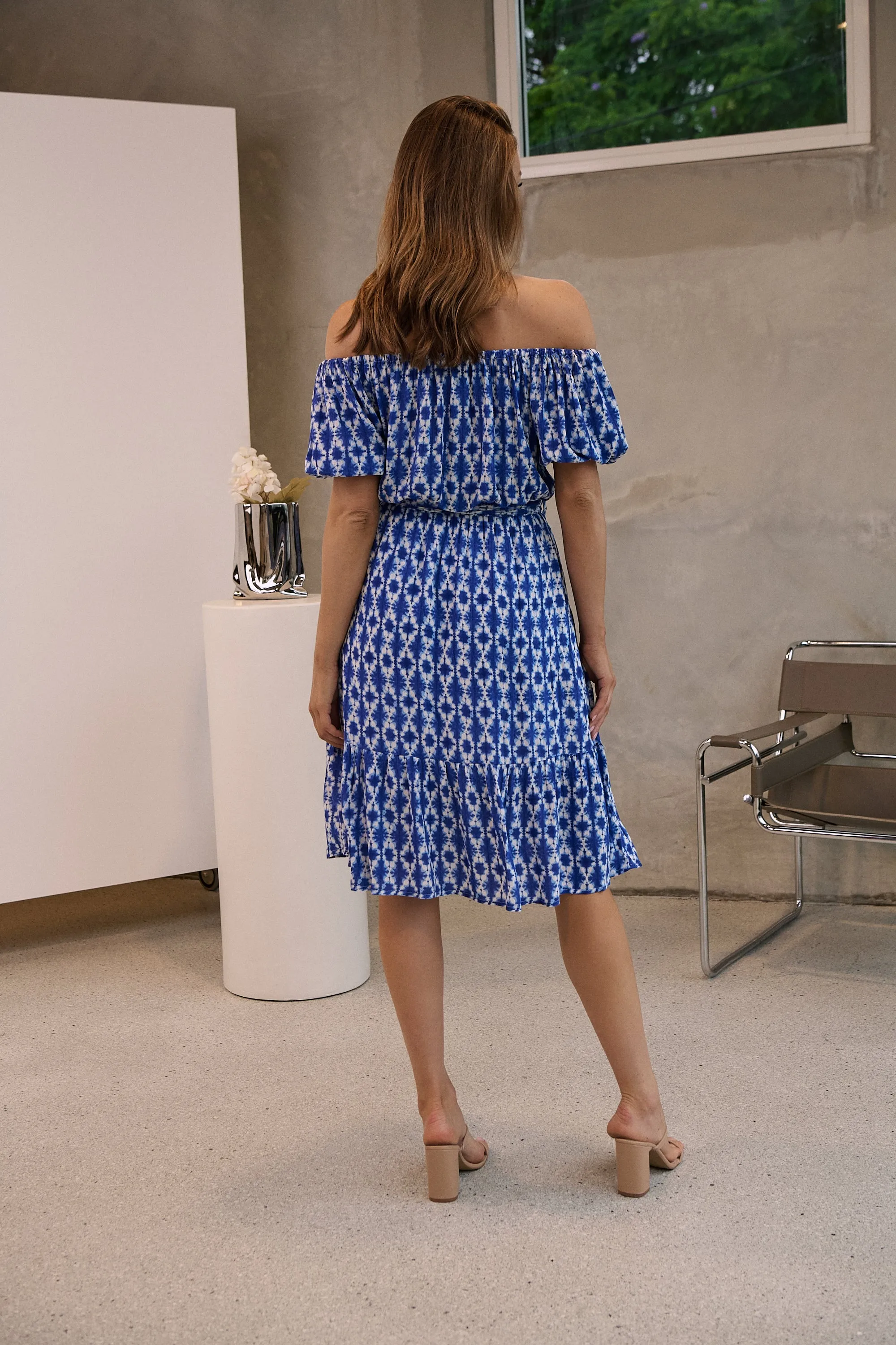 Bastille Blue/White Print Off Shoulder Dress