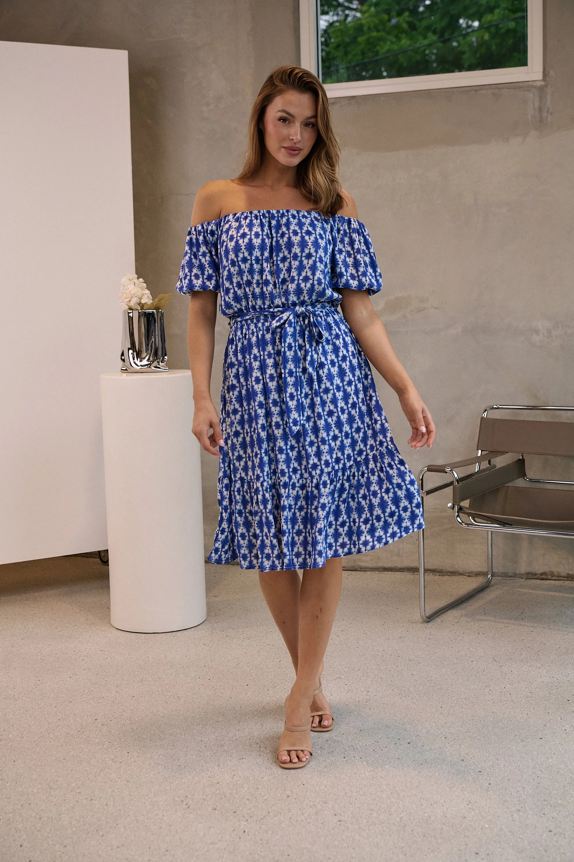 Bastille Blue/White Print Off Shoulder Dress