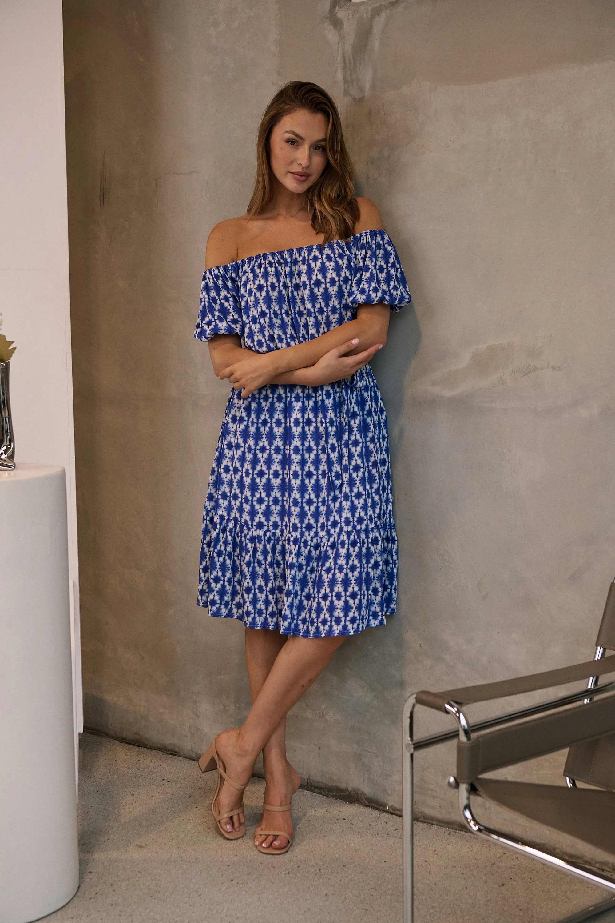 Bastille Blue/White Print Off Shoulder Dress